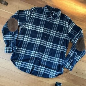 J Crew Men's Blue Plaid Flannel Shirt with Brown Suede Elbow Patches